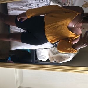 Mustard blouse with peekaboo sleeves